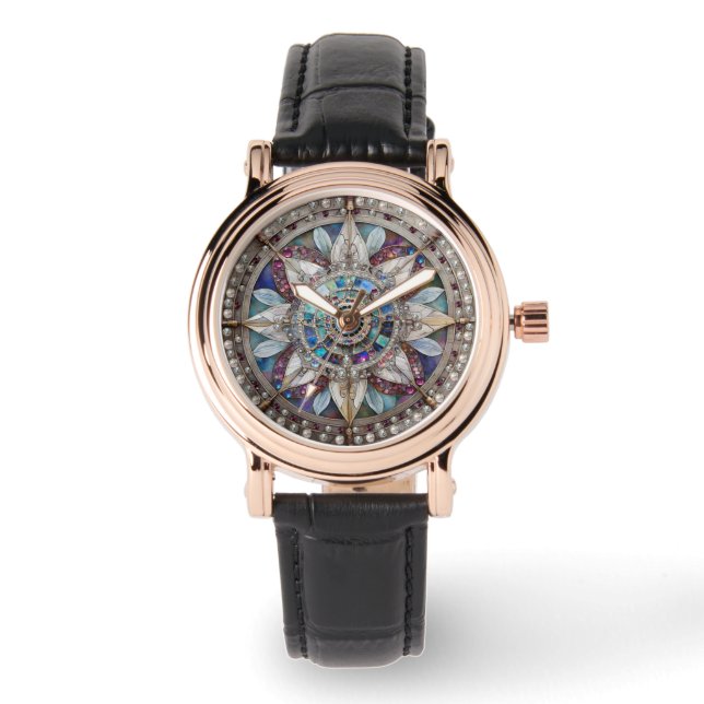 Rosa och blå safirer diamanter pärlor mandala armbandsur (Framsida)