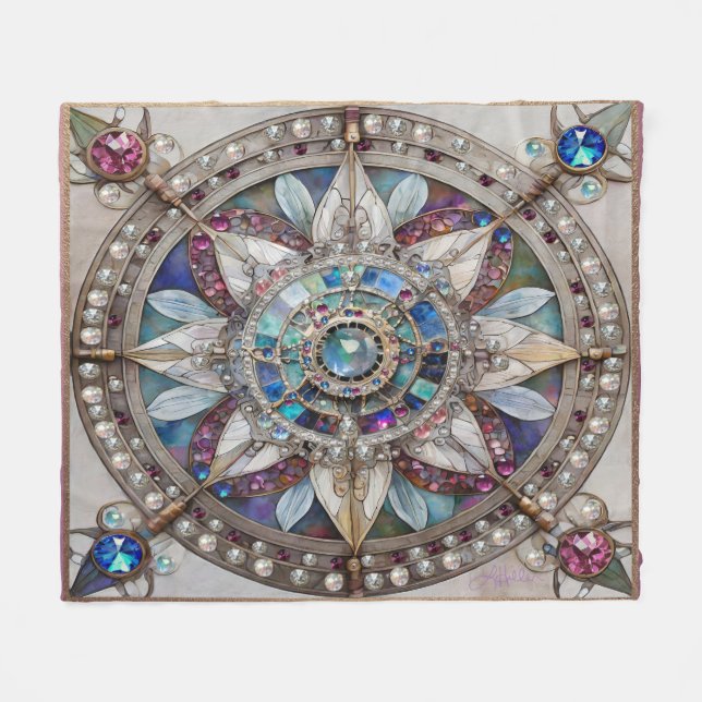 Rosa och blå safirer diamanter pärlor mandala fleecefilt (Framsidan (Horisontell))