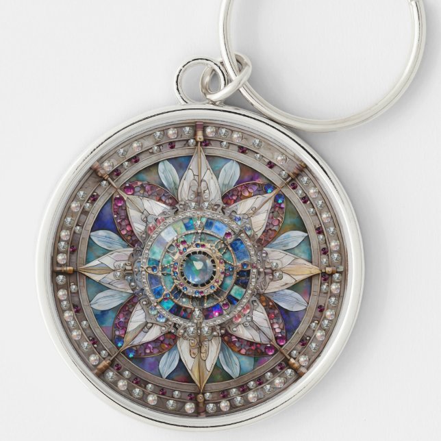Rosa och blå safirer diamanter pärlor mandala rund silverfärgad nyckelring (Framsidan)