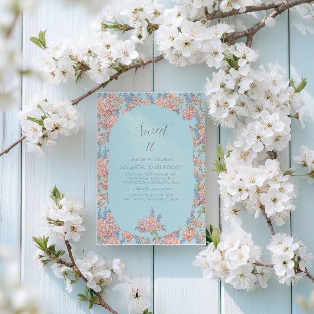 Rosa och blå shabby chic-blommigtar 16 Födelsedag Inbjudningar (Skapare uppladdad)