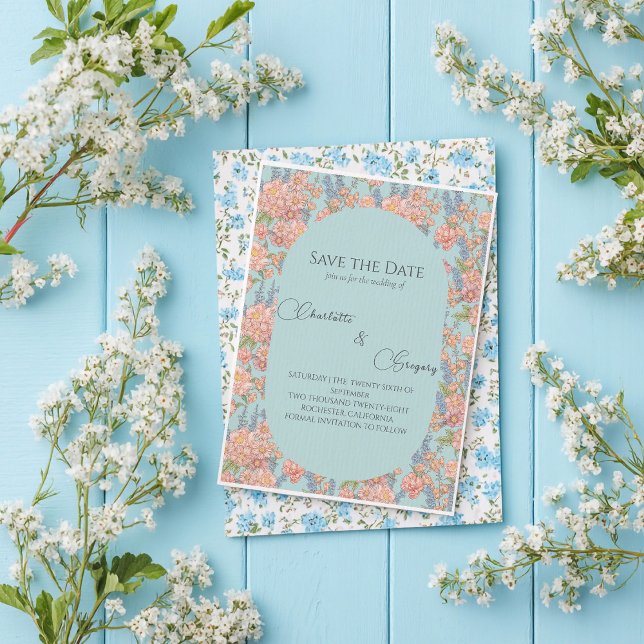 Rosa och blå shabby chic Spara datum Meddelande Vykort (Skapare uppladdad)
