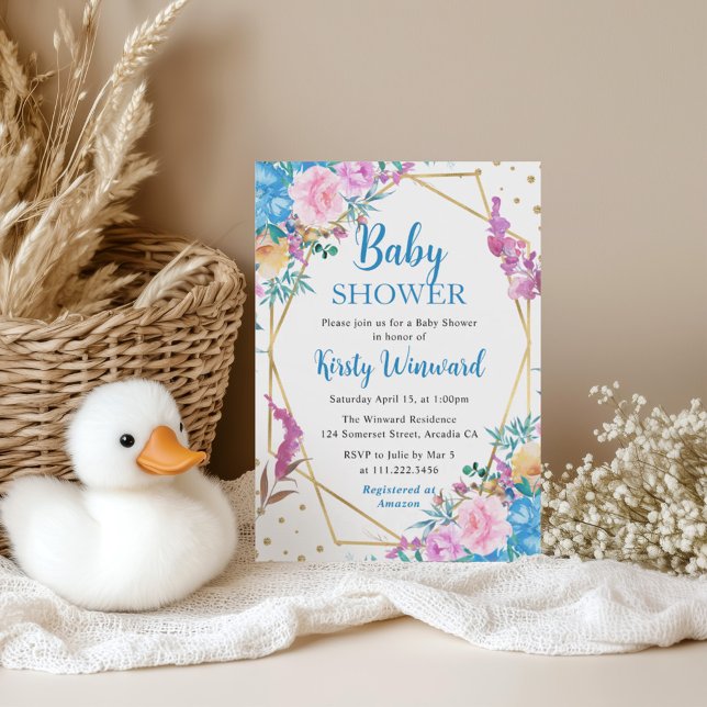 Rosa och Blå Sommarblommor Ram Baby Shower Inbjudningar (Skapare uppladdad)