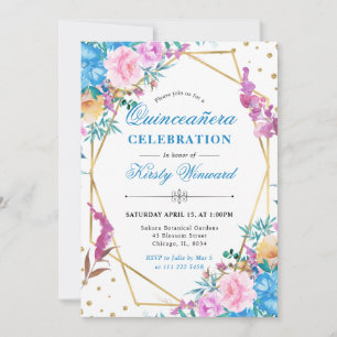 Rosa och blå sommarblommor ram Quinceanera Inbjudningar