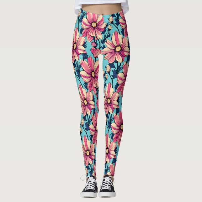 Rosa och Blå stora blommor Mönster Leggings (Framsida)