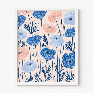 Rosa och blå vallmoväxtillustration poster