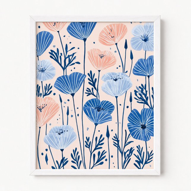 Rosa och blå vallmoväxtillustration poster (Blush Pink and Blue Poppies Illustration Poster)