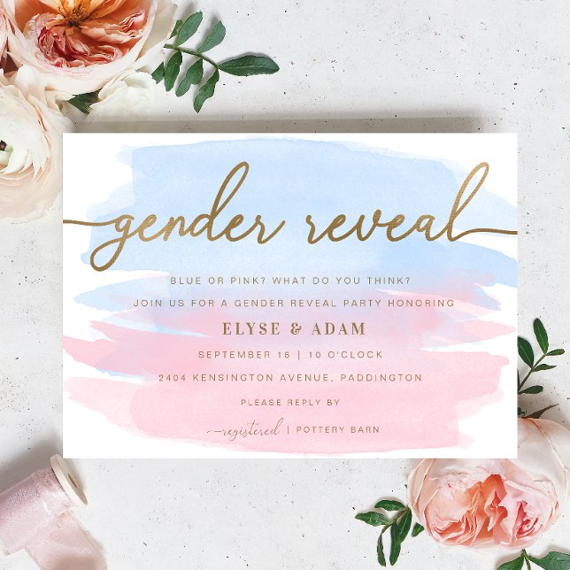 Rosa och blå vattenfärg Guld Gender Reveal Inbjuda Inbjudningar (Gender Reveal Invitation Pink Blue Watercolour Gold )