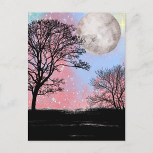 Rosa och blå vattenfärg Himmel Träd och Måne Vykort
