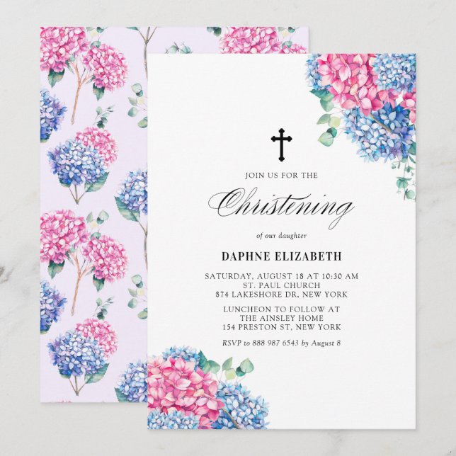 Rosa och blå vattenfärg Hydrangeas Christening Inbjudningar (Fram/baksida)