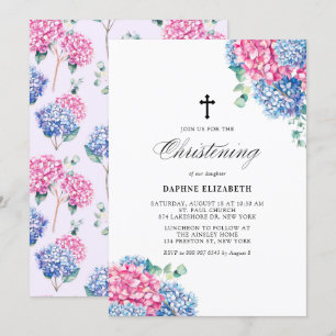 Rosa och blå vattenfärg Hydrangeas Christening Inbjudningar