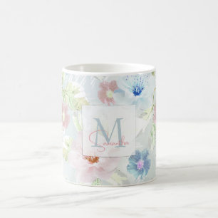 Rosa och blå vattenfärgblommor, kaffe mugg