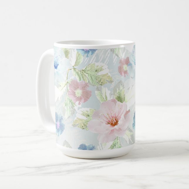Rosa och blå vattenfärgblommor. kaffemugg (Framsida vänster)