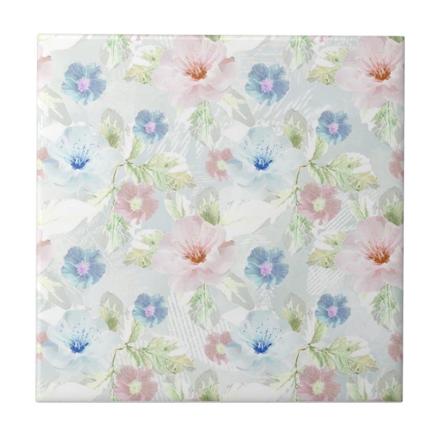 Rosa och blå vattenfärgblommor. kakelplatta (Framsidan)
