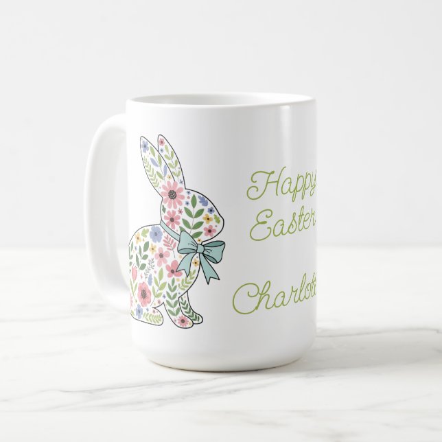 Rosa och blå vildblomma påskkaniner kaffemugg (Framsida vänster)