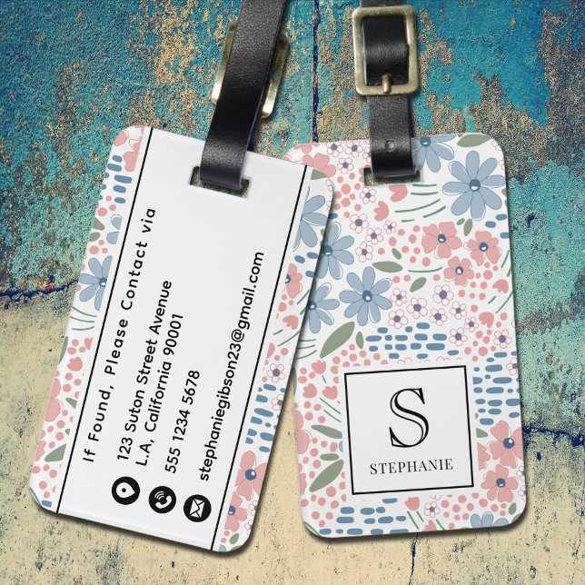 Rosa och Blå Whimsical Blommönster Monogram Bagagebricka (Skapare uppladdad)