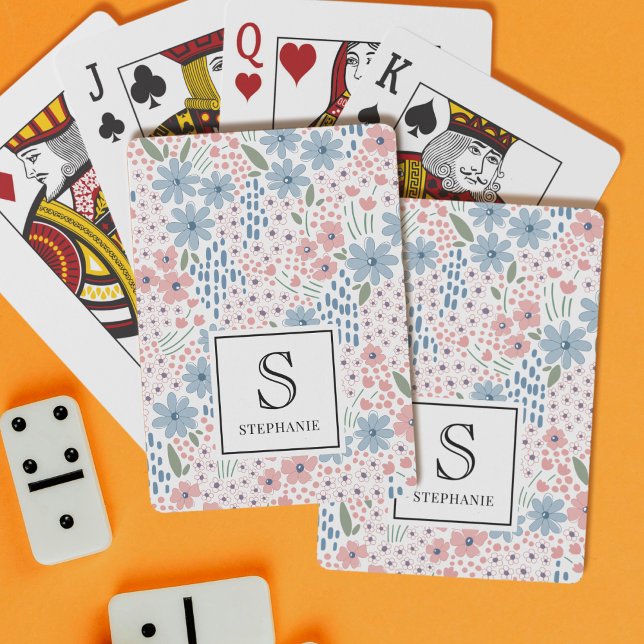 Rosa och Blå Whimsical Blommönster Monogram Casinokort (Skapare uppladdad)
