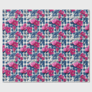 Rosa och Blåa blommor Black Gingham Decoupage Presentpapper