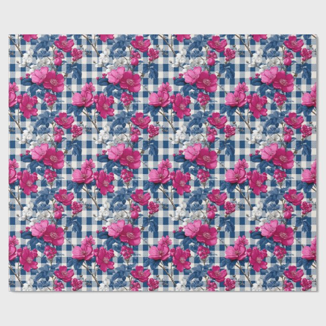 Rosa och Blåa blommor Black Gingham Decoupage Presentpapper (Platt)