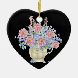 rosa och blåa blommor med svart bakgrund julgransprydnad keramik