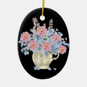 rosa och blåa blommor med svart bakgrund julgransprydnad keramik