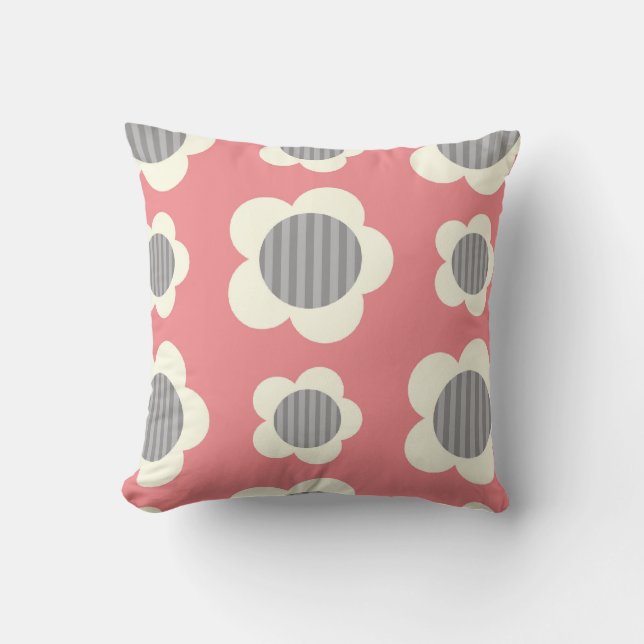 Rosa och Blåa blommor och Rand Pillow Kudde (Framsida)