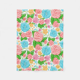 Rosa och Blåa blommor på blå botten Fleecefilt