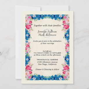 Rosa och Blåa blommor på Faux Parchment Bröllop Inbjudningar