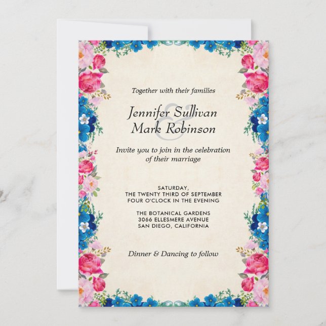 Rosa och Blåa blommor på Faux Parchment Bröllop Inbjudningar (Framsida)