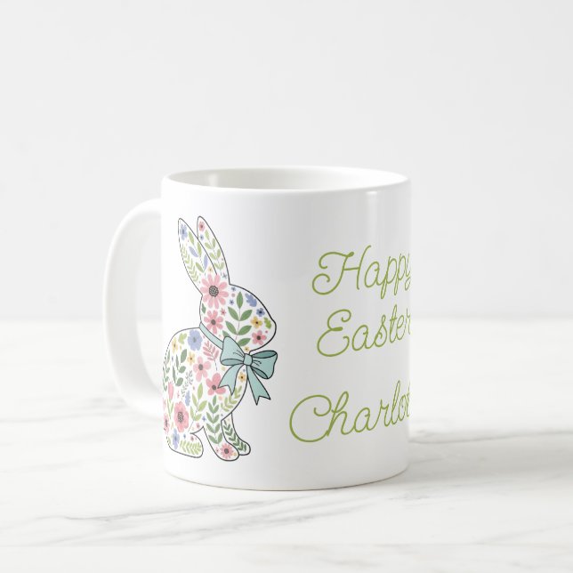 Rosa och blåa vildblommor påskharar kaffemugg (Framsida vänster)