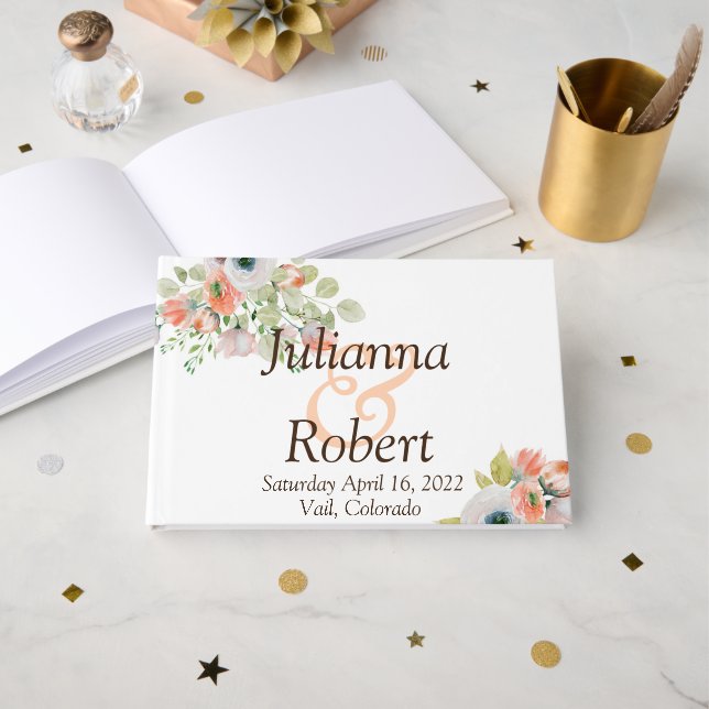 Rosa och blåfärgad blommigt bröllop gäbo gästböcker (Framsida öppen)