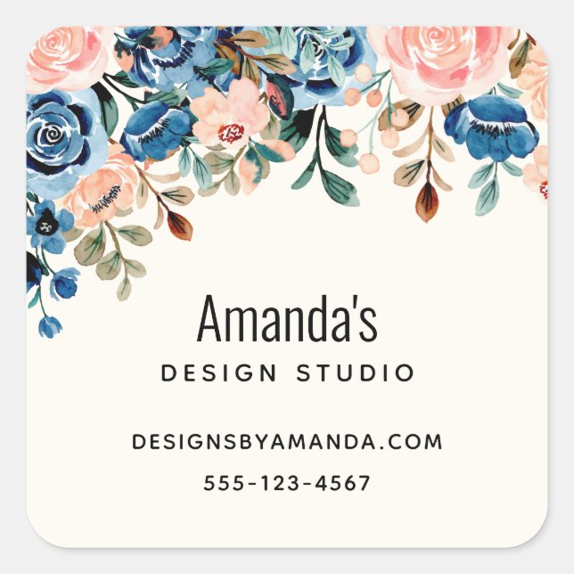 Rosa- och blåfärgsblommor fyrkantigt klistermärke (Framsida)