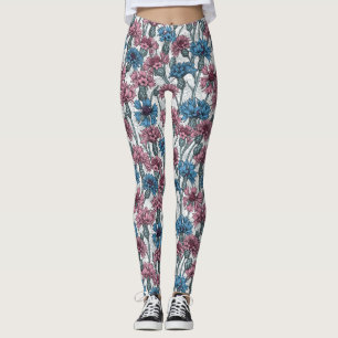 Rosa och blåkornblommor, vild blommor på vitt leggings