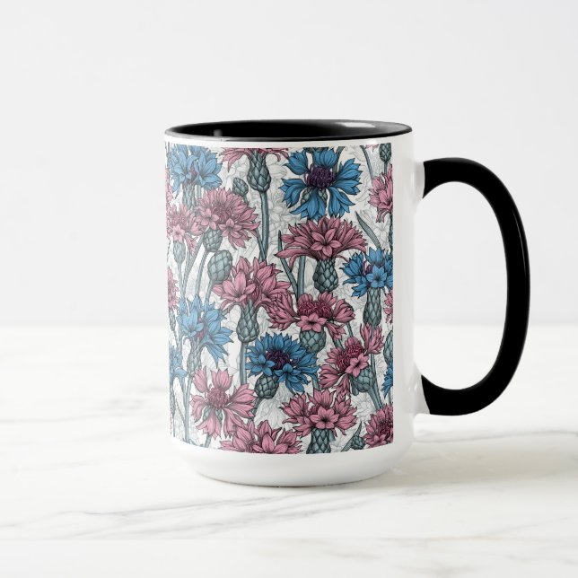 Rosa och blåkornblommor, vild blommor på vitt mugg (Höger)
