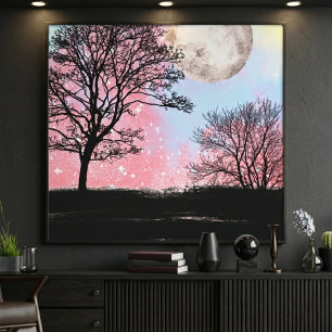 Rosa och Blått Akvarell Himmel Träd och Måne Canvastryck