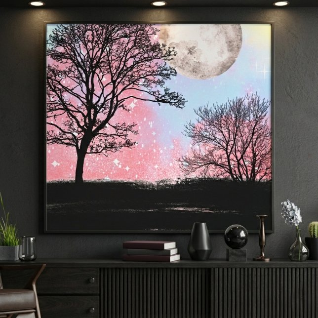 Rosa och Blått Akvarell Himmel Träd och Måne Canvastryck (Skapare uppladdad)