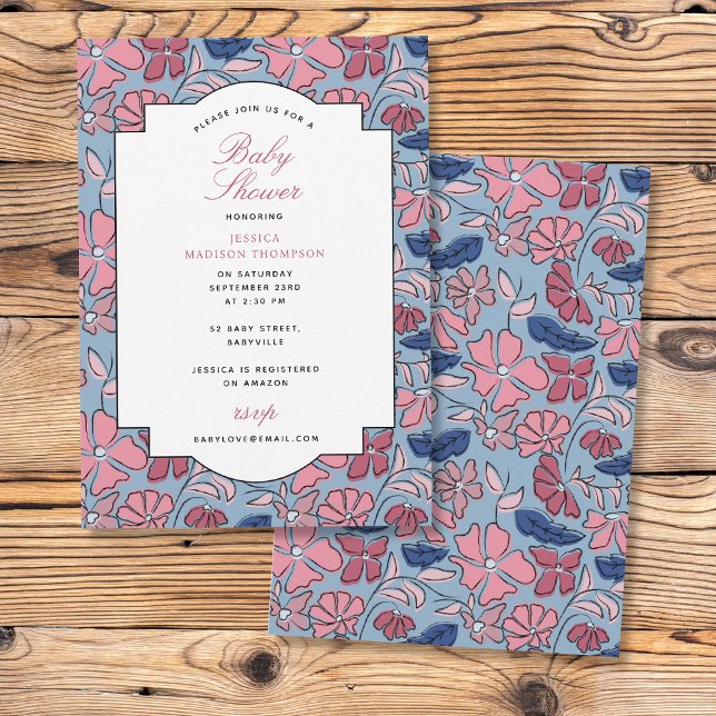 Rosa och blått Blommigt Blockera Skriv ut babykläd Inbjudningar (Pink and Blue Floral Block Print Girl Baby Shower Invitation)