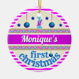 Rosa och blått / Ditt Baby 1st Första jul Julgransprydnad Keramik