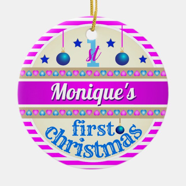 Rosa och blått / Ditt Baby 1st Första jul Julgransprydnad Keramik (Framsidan)