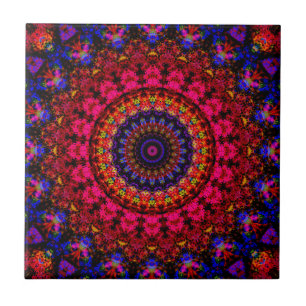 Rosa och blått etniskt Damask mandala kaleidoskop Kakelplatta