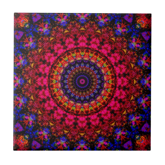 Rosa och blått etniskt Damask mandala kaleidoskop Kakelplatta (Framsidan)