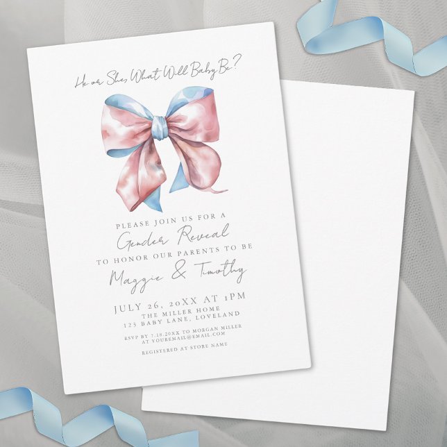 Rosa och blått Gender i Party Inbjudningar (Pink And Blue Bow Gender Reveal Party Invitation)