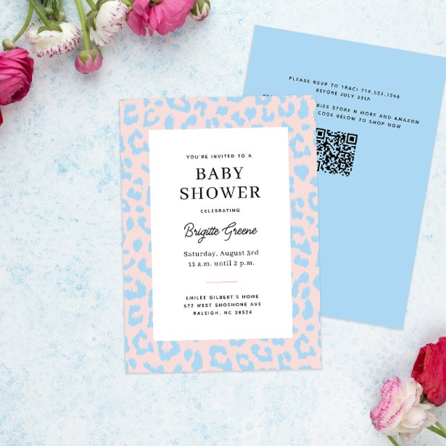 Rosa och blått Gender: Leopard Baby Shower Inbjudningar (pastel pink and blue leopard print gender reveal baby shower invitation)