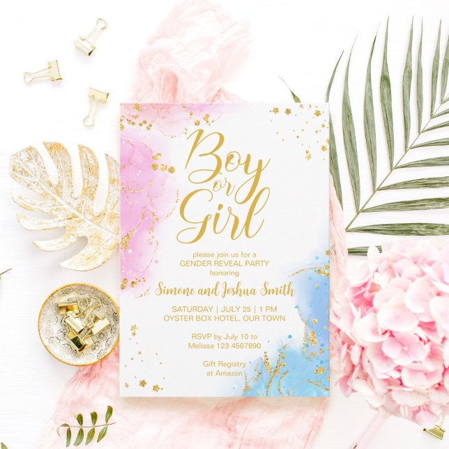 Rosa och blått guld gender inbjudningar (Skapare uppladdad)