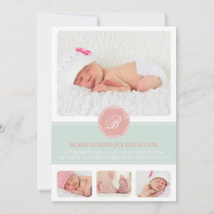 Rosa och blått Monogram Baby Photo Collage Birth Meddelande