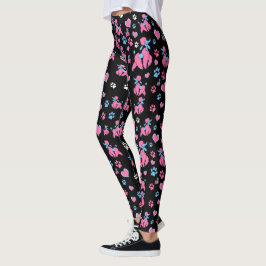 Rosa och Blått Pudel Mönster på Svart Bakgrund Leggings