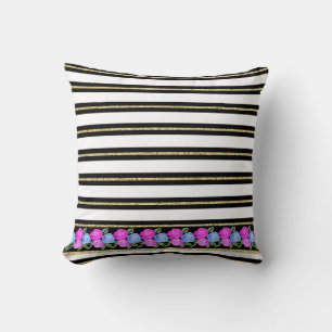 Rosa och blått Ro på Svarta, vita, Guld Cushion Kudde