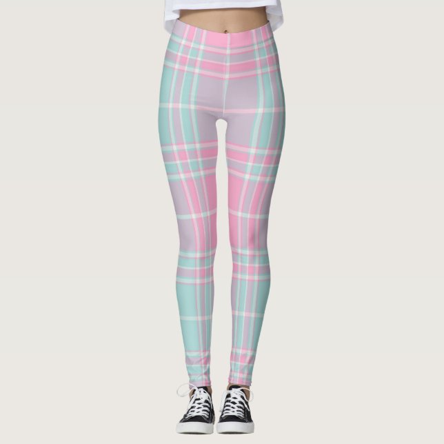 Rosa och Blått Rutigt Mönster Leggings (Framsida)
