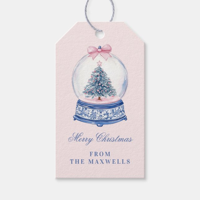 Rosa och blått Snö Globe Presentetikett (Framsidan)