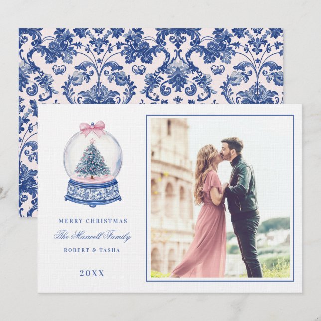 Rosa och blått Snö Globe W/ Photo Inbjudningar (Fram/baksida)