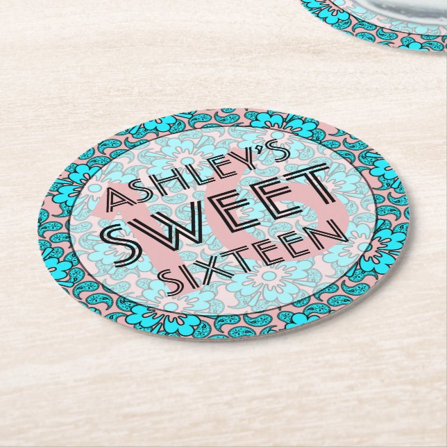 Rosa och blått sötvatten 16 Födelsedagsfester Unde Underlägg Papper Rund (Vinklad)